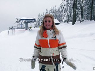 It's winter and very cold outside on that ski track but Nathaly shows us her big sweet boobs for some cash. She's one hell of a blonde, a pretty face, long hair and big hot boobs. Nathaly is a greedy floozy and for some extra money she will do a lot, wanna find out what?